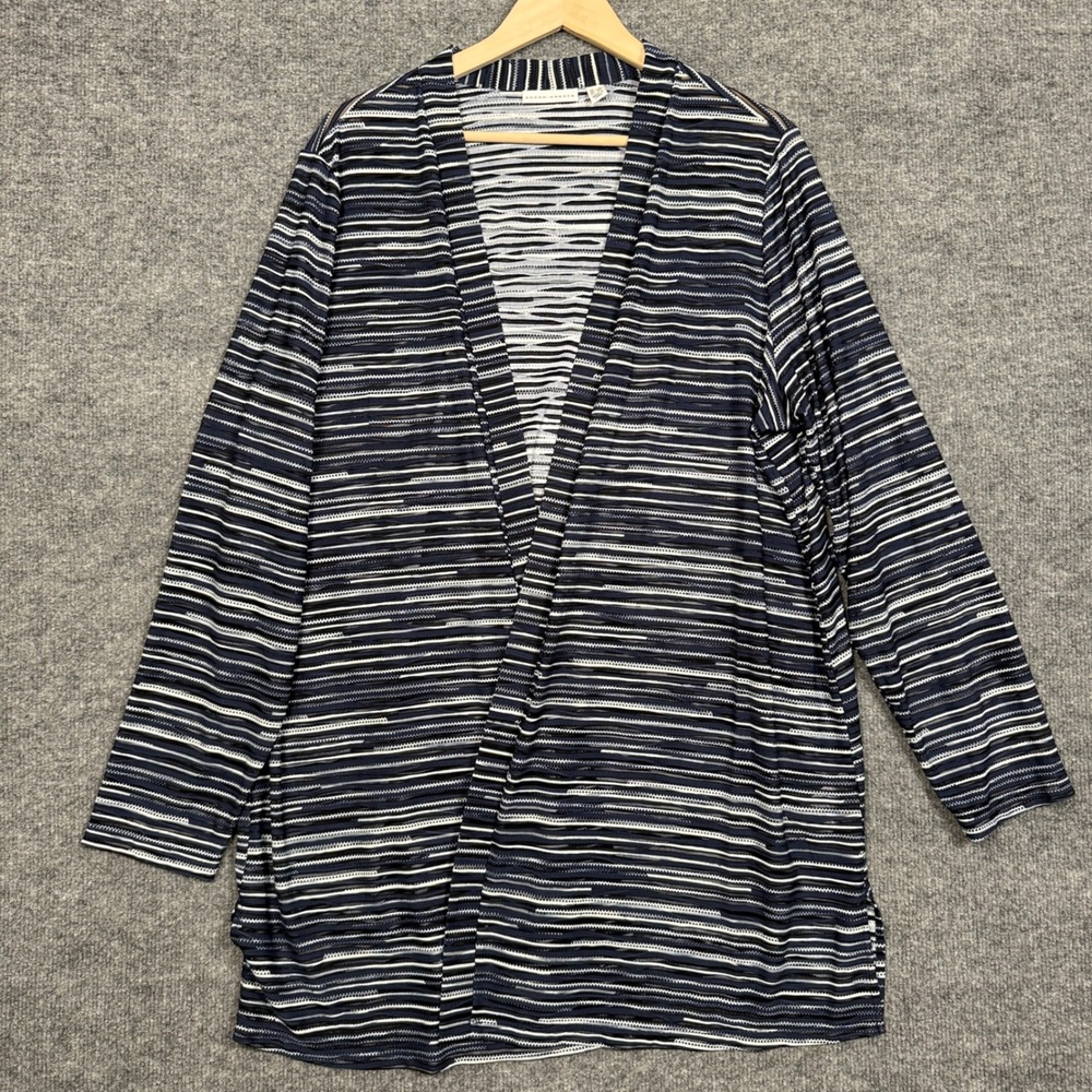 Susan Graver Plus Size 2X Cardigan Black White Striped Semi Sheer Open Front